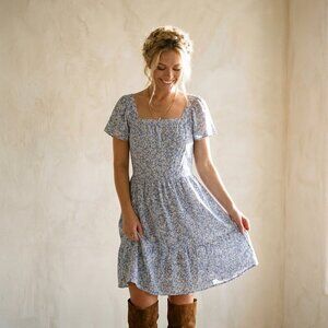 Boho Cottagecore Square Neck Floral Mini Dress Picnic Aesthetic Blue/White M